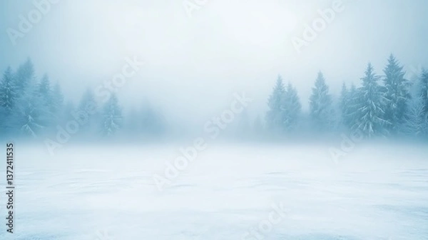 Obraz Dense fog obscures a snow covered forest landscape in winter
