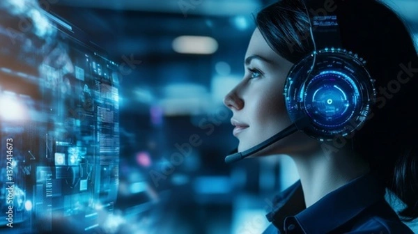 Fototapeta A next gen AI powered virtual assistant, providing customer support in a futuristic call center, advanced business environment