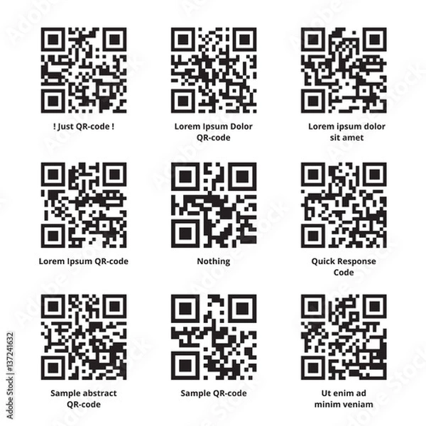 Obraz Sample Lorem Ipsum QR code set. Quick response codes with meaningless filler texts encoded in it. Ready to scan. Vector eps8 illustration.