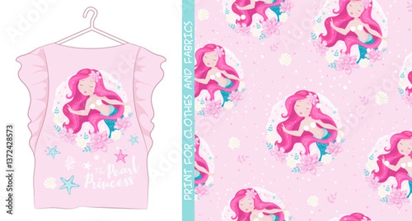 Obraz Beautiful little mermaid with pearl on pastel pink background for t-shirts or kids fashion art. Cute lmermaid.