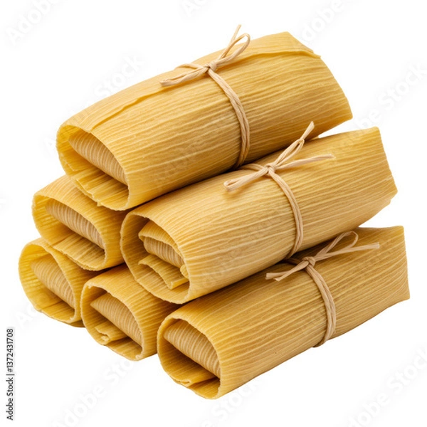 Fototapeta Stack of Golden Corn Husk Wrapped Tamales on Transparent Background