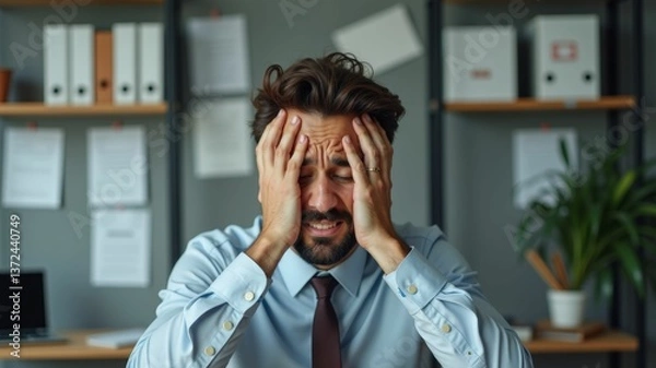 Fototapeta Frustrated Businessman in Office Grips Head, Showing Intense Stress and being overwhelmed. Work life balance.