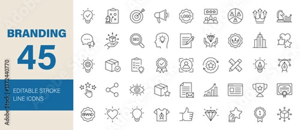 Fototapeta Branding icon set. Containing marketing, product, brand value, design, logo, brand development, advertising, strategy, social media, loyal customer and more. Editable line icons. Vector illustration.