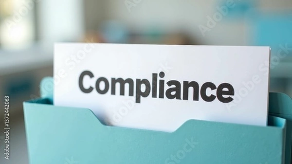 Fototapeta A blue file folder containing a white card with the word "Compliance" printed boldly on it.