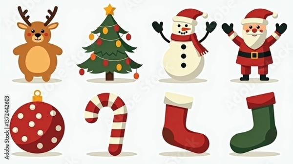 Fototapeta Festive and cheerful collection of Christmas decorations including reindeer, tree, snowman, Santa and more. Children's wrapping paper