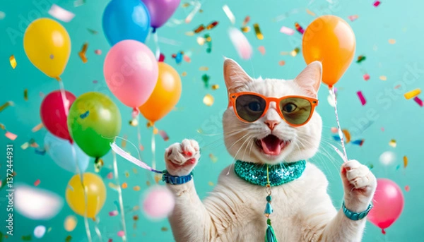 Fototapeta white cat wearing sunglasses holding happy birthday balloons and confetti explosion flying around on solid background (4)