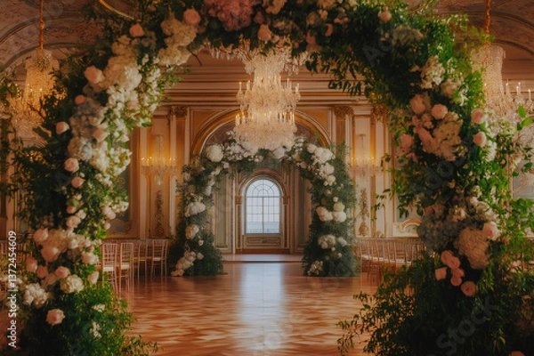 Fototapeta Elegant ballroom with crystal chandelier and flower arch, prepared for wedding ceremony, creating a luxurious and romantic atmosphere