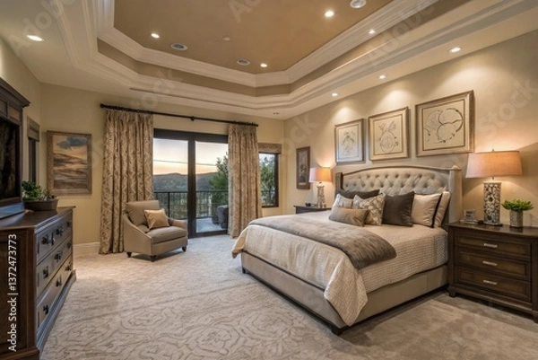 Fototapeta Spacious Luxury Bedroom Featuring Elegant Decor and Mountain Views Generative AI