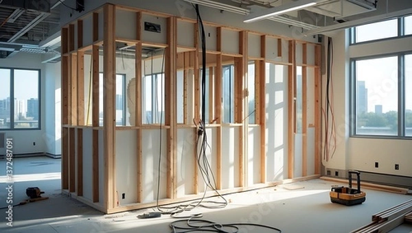 Fototapeta Half-Built Partition Wall in Office Space, Cables Awaiting Power Installations

