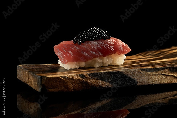 Obraz Sushi nigiri with tuna, topped with caviar on a wooden platter, exquisite cuisine delight