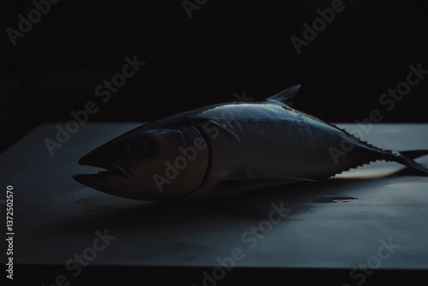 Obraz Fresh tuna fish presented in gourmet raw form on a dark table, highlighting ocean freshness