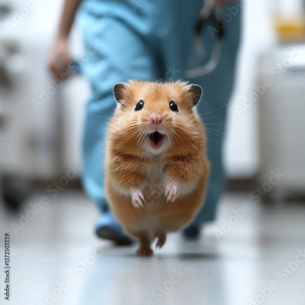 Obraz Cute hamster running with adorable whiskers, furry and fluffy pet in a playful moment