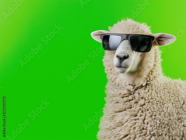 Obraz Sheep wearing sunglasses on a green background, showcasing funny fashion and cool attitude