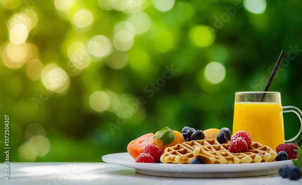 Obraz Delicious breakfast with juice, waffles, orange, and fresh fruit berries on a brunch plate.