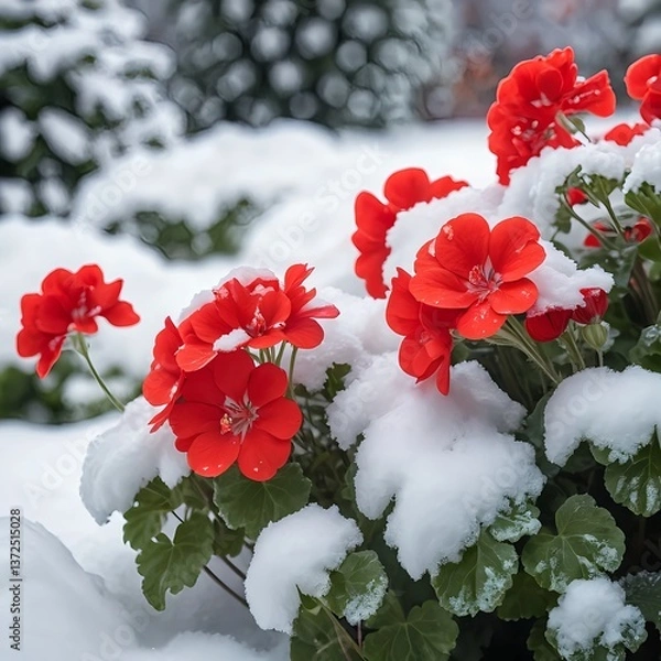 Obraz Red Geraniums Under Snow