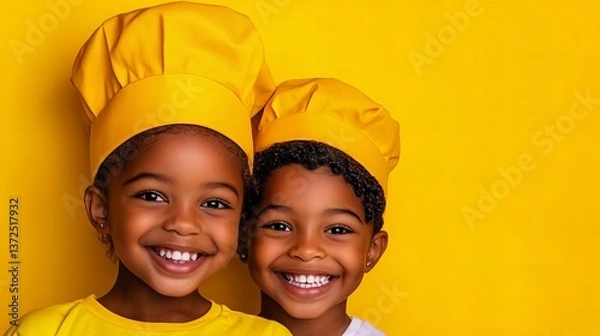Fototapeta Two young children wearing yellow chef hats are smiling against a bright yellow background!