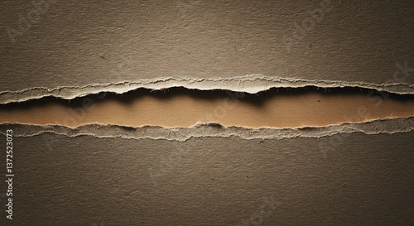 Obraz A close-up of a textured, torn paper edge revealing another layer underneath. The paper has a natural, rough texture with fibers visible