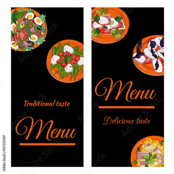 Fototapeta Restaurant menu top view frame. Food menu template design. Vector drawn sketch illustration with dishes.