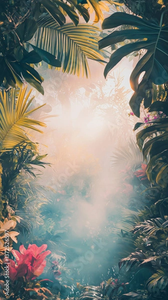 Fototapeta Lush tropical foliage in deep blue-green tones frames the image, while misty golden sunlight bursts through the open center. A light rain adds a dreamy atmosphere, enhancing the warm yellow and orange