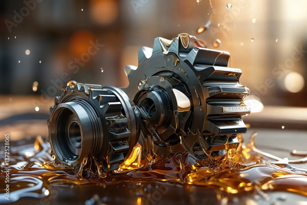 Fototapeta Lubricating industrial gears with splashing oil for optimal performance