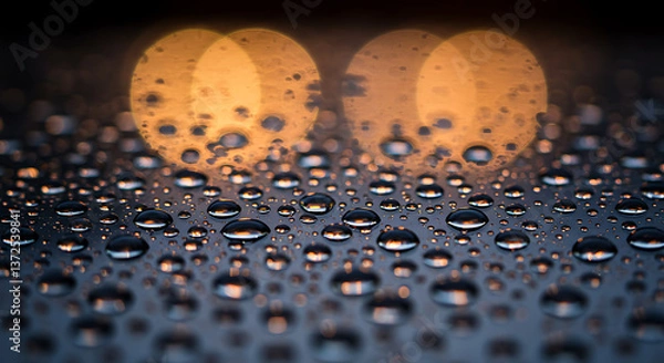 Fototapeta Close-up of water droplets on a glass surface with soft-focus background lights. The droplets are highly detailed with light refractions.