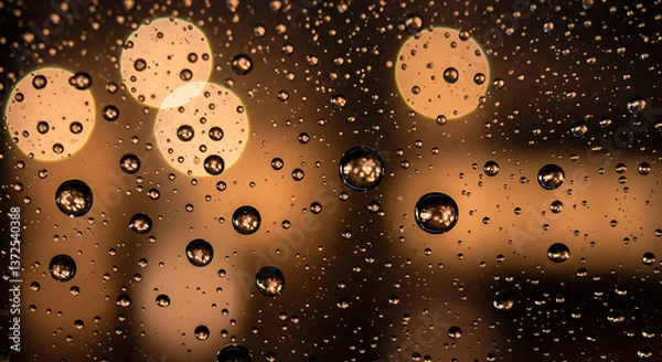 Fototapeta Close-up of water droplets on a glass surface with soft-focus background lights. The droplets are highly detailed with light refractions.