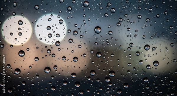 Fototapeta Close-up of water droplets on a glass surface with soft-focus background lights. The droplets are highly detailed with light refractions.