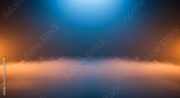 Fototapeta Soft, atmospheric fog rising from the bottom of the frame. The mist is illuminated by moody blue and orange lighting.