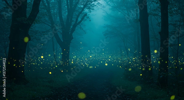 Fototapeta A magical nighttime forest scene with glowing fireflies scattered among dark trees. The atmosphere is dreamy and mysterious.