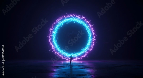 Fototapeta A glowing sci-fi portal with neon blue and purple energy swirling in a circular shape. The edges are crackling with light energy.
