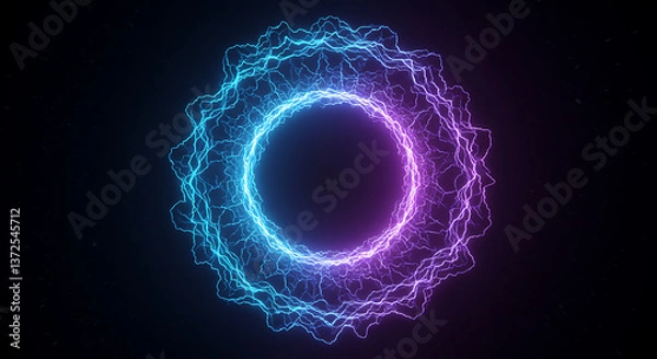 Fototapeta A glowing sci-fi portal with neon blue and purple energy swirling in a circular shape. The edges are crackling with light energy.
