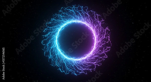 Fototapeta A glowing sci-fi portal with neon blue and purple energy swirling in a circular shape. The edges are crackling with light energy.