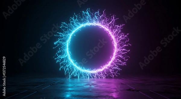 Fototapeta A glowing sci-fi portal with neon blue and purple energy swirling in a circular shape. The edges are crackling with light energy.