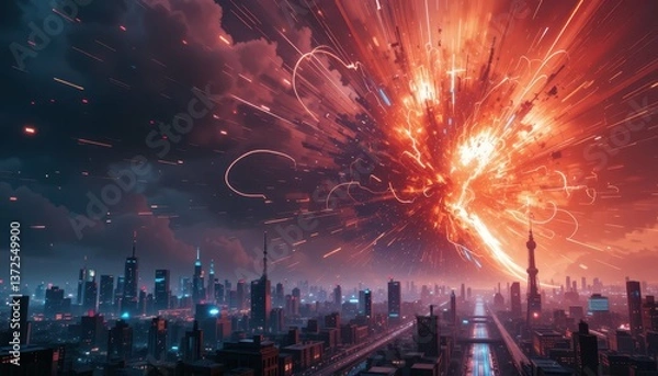 Fototapeta Dramatic Explosion Over Urban Skyline at Sunset with Fiery Clouds