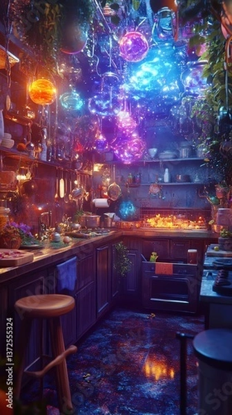 Fototapeta Enchanted kitchen scene with glowing orbs, vibrant plants, and mystical atmosphere. Perfect for fantasy, magic, or whimsical themes.