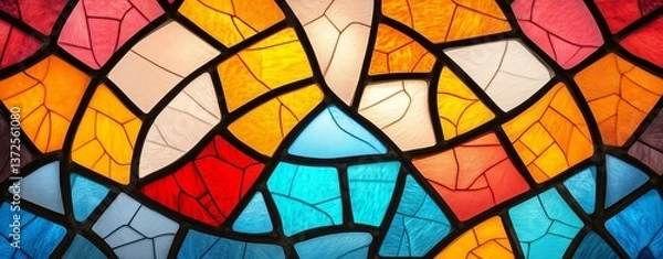 Fototapeta Geometric Stained Glass A vivid stained glass design featuring a vibrant mix of colors, showcasing intricate patterns and artistic craftsmanship.