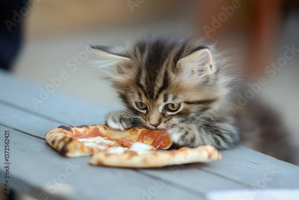 Obraz Adorable NorwegianForestCat kitten enjoying pizza on a table, playful and fluffy feline scene