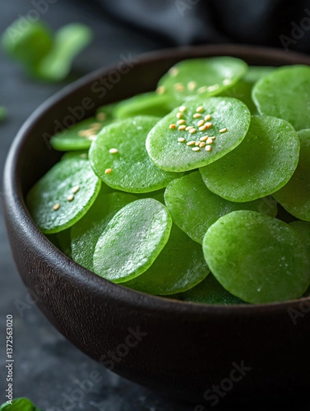 Obraz Healthy green snack, fresh and natural, delicious appetizer, tasty and round slices in a bowl