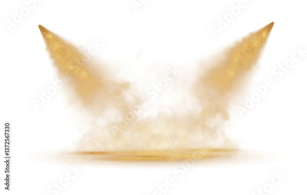 Obraz Featuring multiple golden spotlights shining at various angles, with light beams diffused through a subtle mist, set against a transparent background. PNG.
