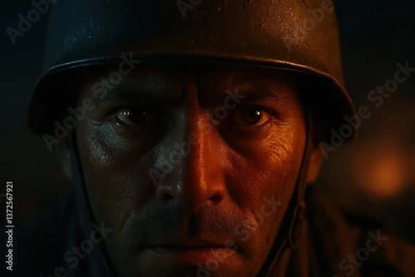 Fototapeta Close-up of a soldier’s focused eyes beneath a helmet, dramatic lighting and shallow depth of field, cinematic portrayal of vigilance, tension, and concentration in a conflict zone