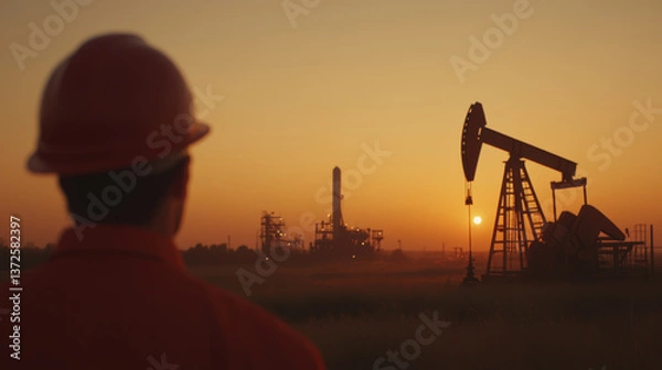 Obraz image depicts worker orange uniform and hard hat observing oil rig sunset, with industrial facility background. scene conveys sense of industry and energy production.A worker orange uniform