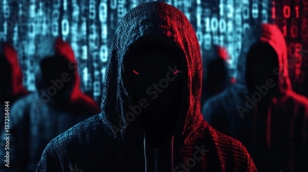 Fototapeta Silhouetted figures in dark alley involved in suspicious computer activities