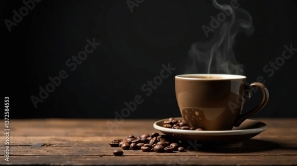 Fototapeta Aromatic coffee in a brown mug, steam rising, rests on a rustic wooden surface with scattered coffee beans nearby.