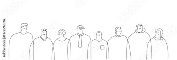 Fototapeta A minimalist doodle group of stylized human figures, each with unique hairstyles and facial expressions on a white background. The concept of team, diversity and community.