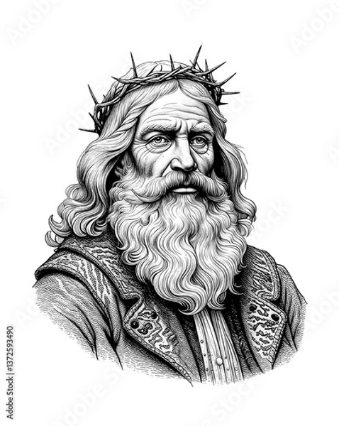 Fototapeta portrait of a man with a beard and a crown of thorns, vintage illustration