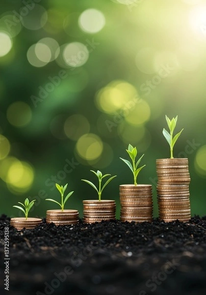 Fototapeta A seedling is growing on a coin lying on the ground. Green investment concept ,Rising money to invest. financial growth concept