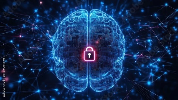 Obraz Digital Brain with Security Lock, Network Connections, Abstract Background