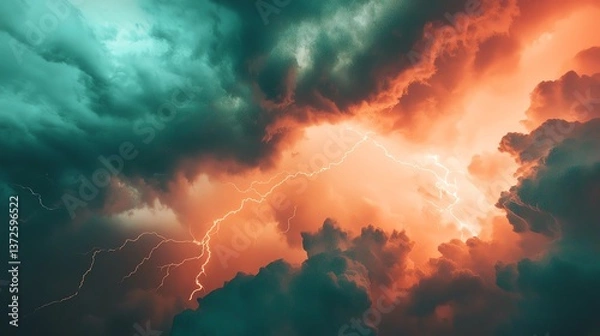 Obraz Dramatic storm clouds with vivid lightning illuminating the sky in vibrant colors.