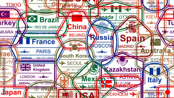 Obraz Seamless pattern with passport visa stamps. International and immigration office stamps. Arrival and departure visa stamps