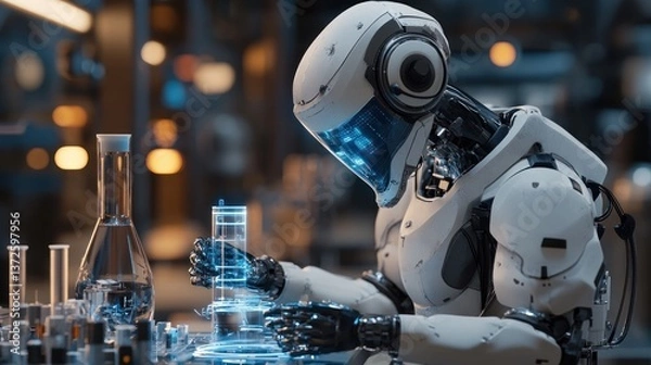 Obraz Futuristic robot scientist examines a beaker in a lab
